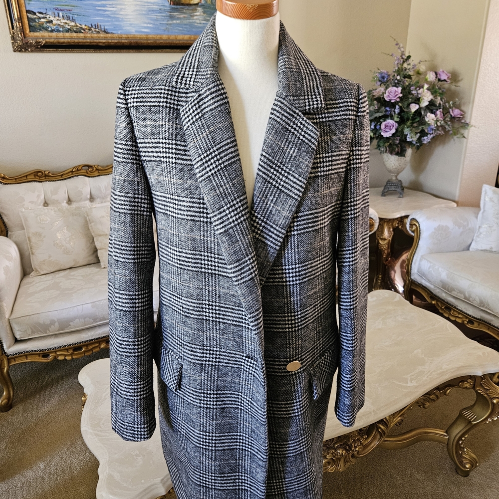 Zara Glen Check Coat Jacket Double Breasted Gray